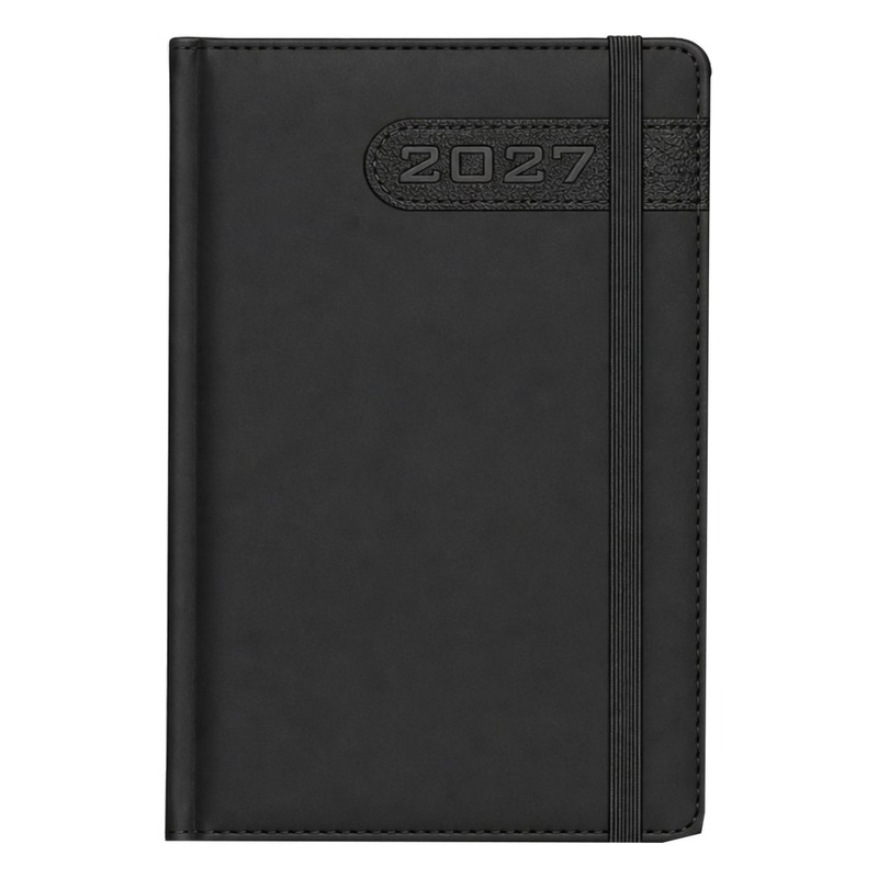 Ατζέντα ημερήσιο ημερολόγιο 2027 14x21 cm με λάστιχο, μαύρο εξώφυλλο με ανάγλυφο έτος