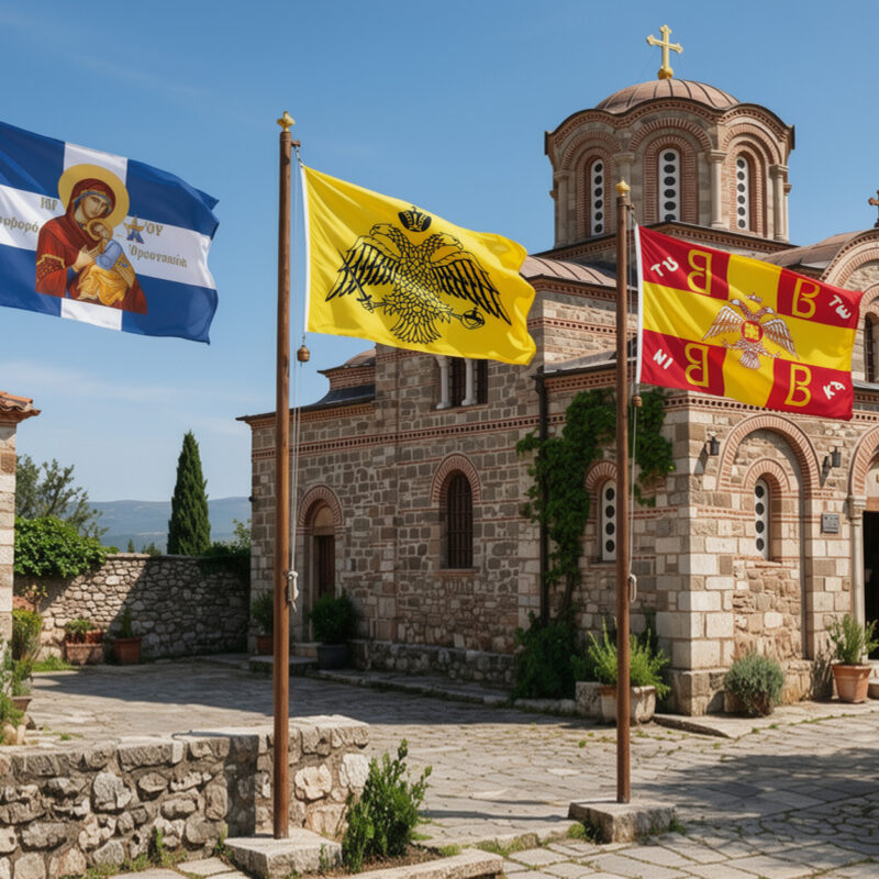 Εκκλησιαστικές σημαίες σε ιστούς μπροστά σε πέτρινο ναό: γαλανόλευκη με την Παναγία, κίτρινη με δικέφαλο, κόκκινη-κίτρινη