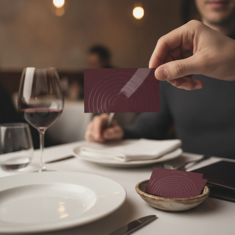 Χέρι κρατά μπορντό κάρτα με γυαλιστερό ανάγλυφο μοτίβο σε τραπέζι εστιατορίου με ποτήρια κρασιού