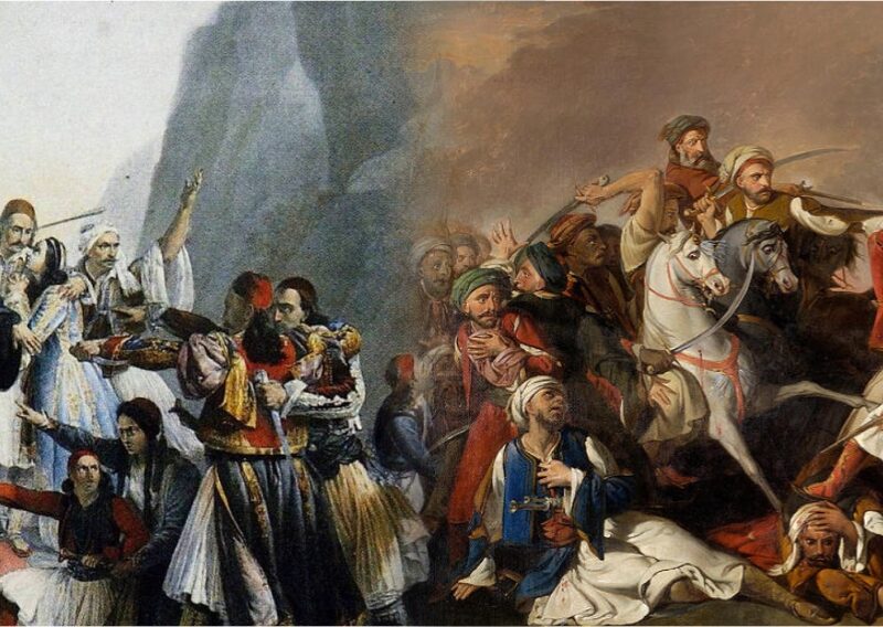Επετειακές σημαίες: πίνακες του 1821 με κληρικό που υψώνει λάβαρο και μάχη αγωνιστών κάτω από τη γαλανόλευκη