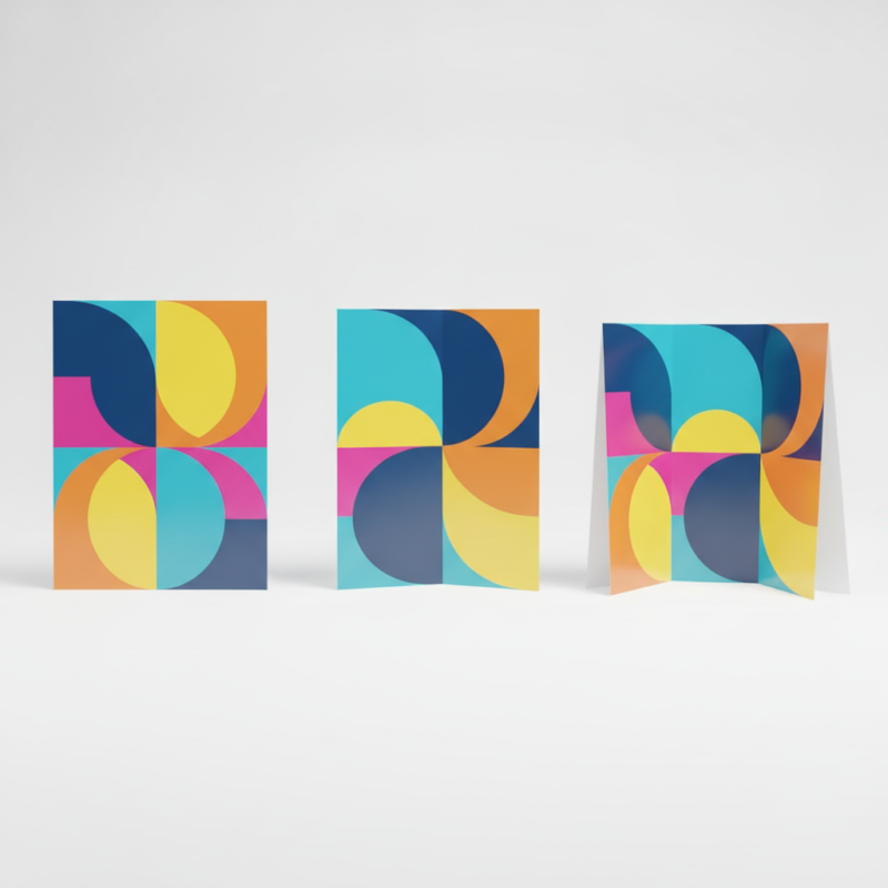 Φυλλάδια Α3 με έγχρωμο γεωμετρικό σχέδιο, τρία όρθια έντυπα με διαφορετικό δίπλωμα