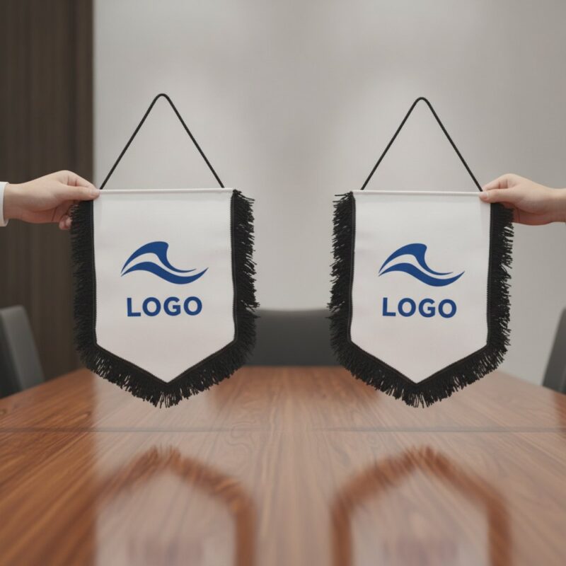 Μεγάλο Λάβαρο Διπλής Όψης 28×20 cm με Λογότυπο ανταλλαγή λάβαρων σε συνάντηση, με παράδειγμα εκτύπωσης λογοτύπου