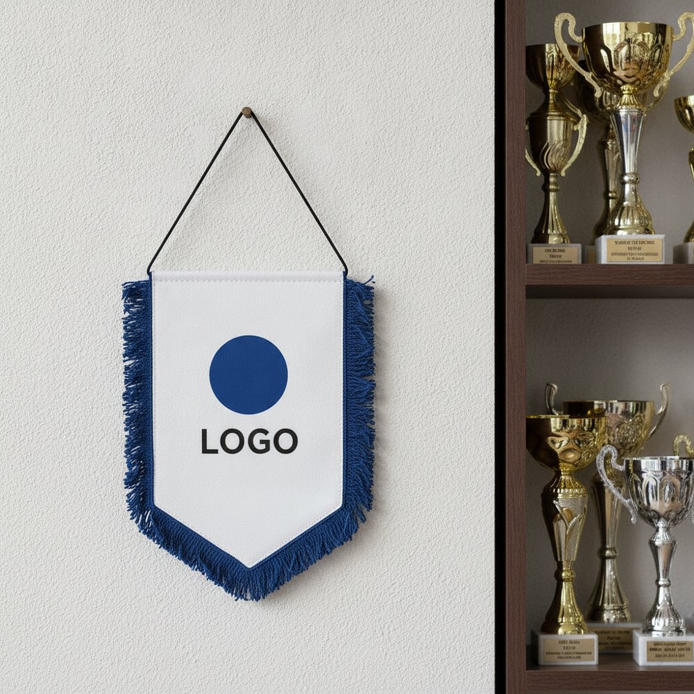 Λάβαρο Μεσαίο Διπλής Όψης 16,5×12 cm με Λογότυπο σε τοίχο αθλητικού συλλόγου, με παράδειγμα εκτύπωσης λογοτύπου