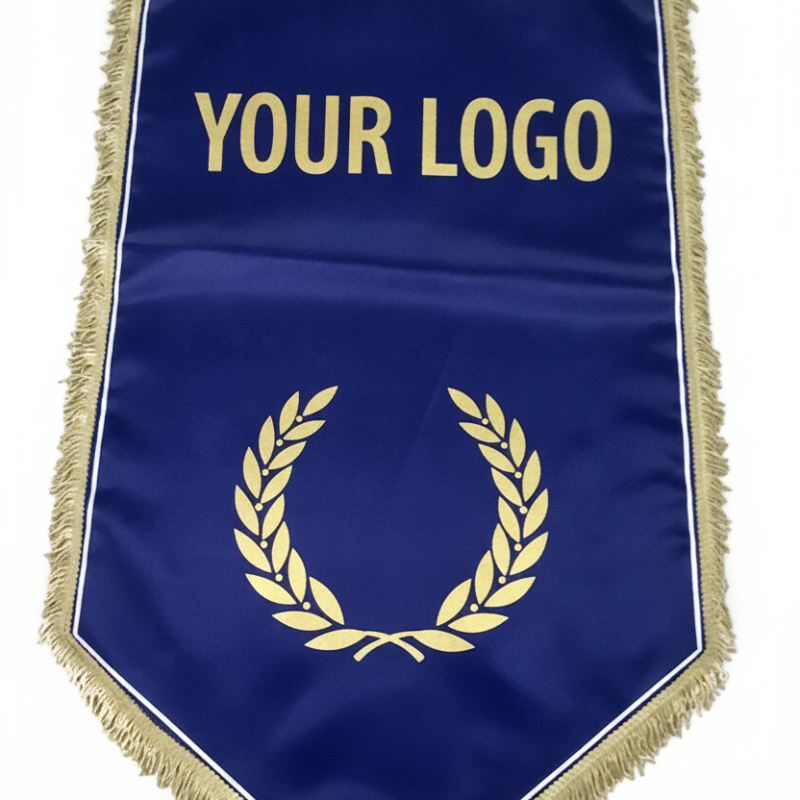 Μπλε λάβαρο με χρυσό κρόσι, κίτρινη ένδειξη YOUR LOGO και χρυσό στεφάνι δάφνης