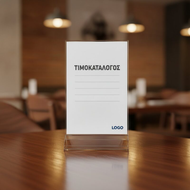 Σταντ Τιμοκαταλόγου Τραπεζιού 15,5×22 cm με Λογότυπο σε τραπέζι εστιατορίου με τιμοκατάλογο, με παράδειγμα εκτύπωσης λογοτύπου