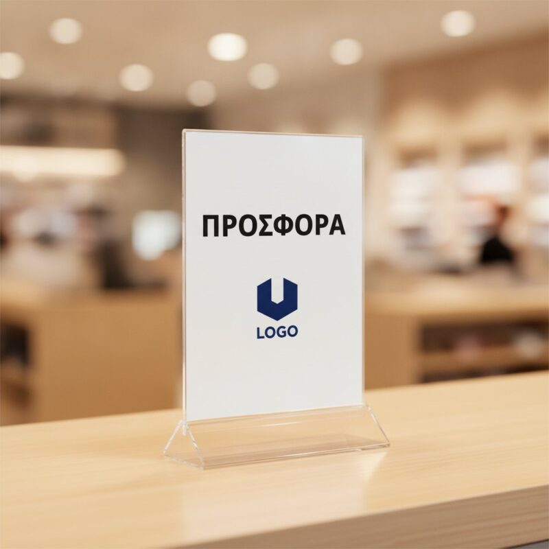 Σταντ Τραπεζιού Α4 Ακρυλικό με Λογότυπο σε πάγκο καταστήματος με αφίσα προσφοράς, με παράδειγμα εκτύπωσης λογοτύπου