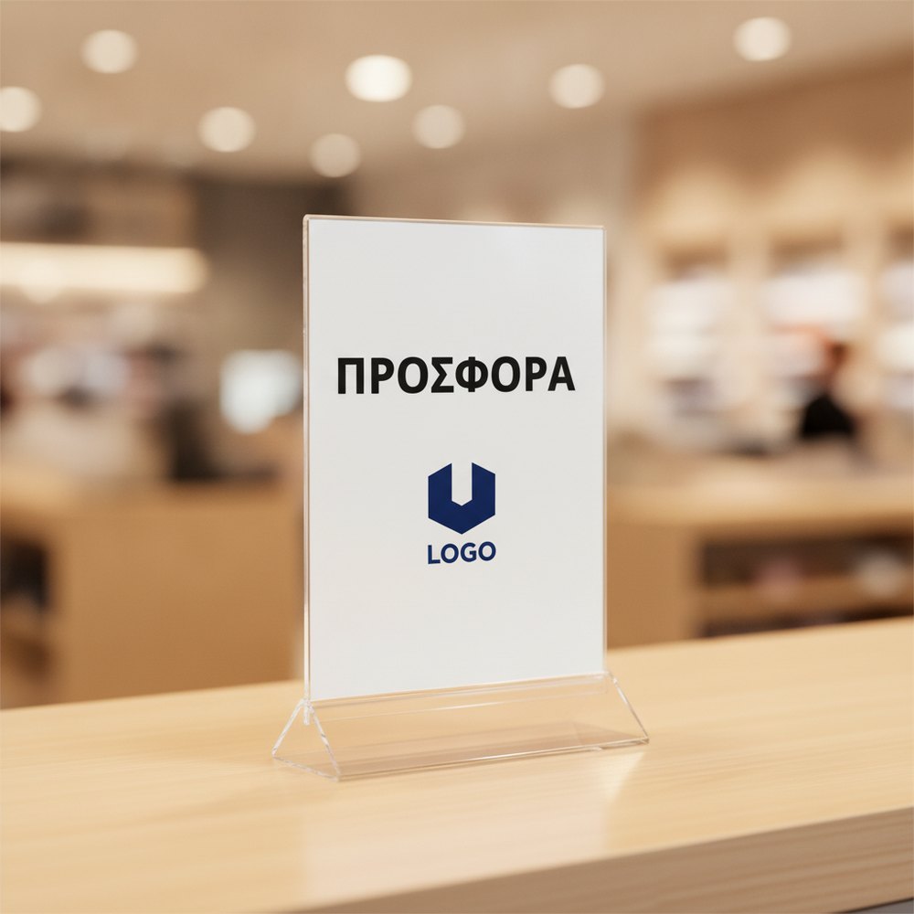 Σταντ Τραπεζιού Α4 Ακρυλικό με Λογότυπο σε πάγκο καταστήματος με αφίσα προσφοράς, με παράδειγμα εκτύπωσης λογοτύπου