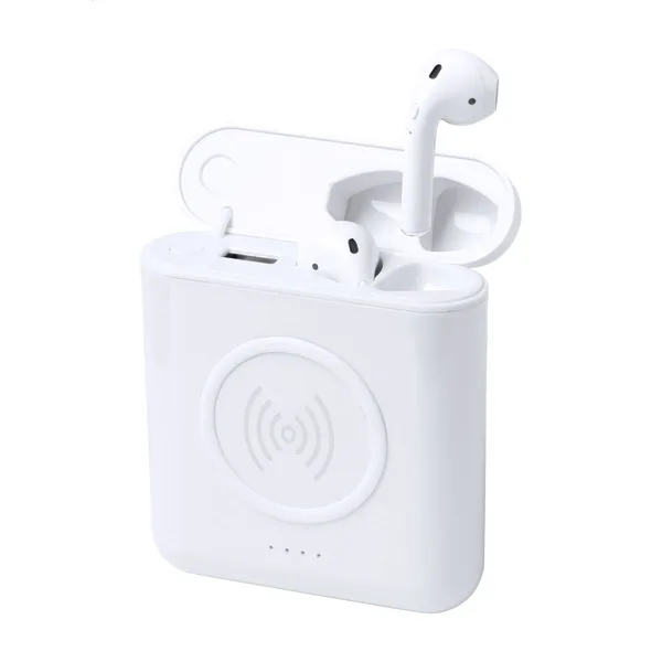 Power Bank Τυπωμένο με Ακουστικά TWS και Ενσωματωμένο Ασύρματο Φορτιστή 5W. Εταιρικά Διαφημιστικά Δώρα Τεχνολογίας | PERFECT advertising