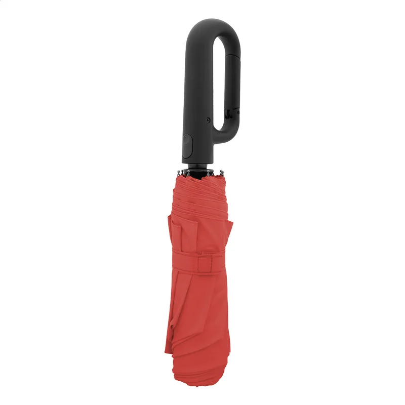 Λεπτομέρεια Λαβής με Καραμπίνερ Καουτσούκ σε Διαφημιστική Ομπρέλα RPET. Εκτύπωση Λογοτύπου | PERFECT advertising