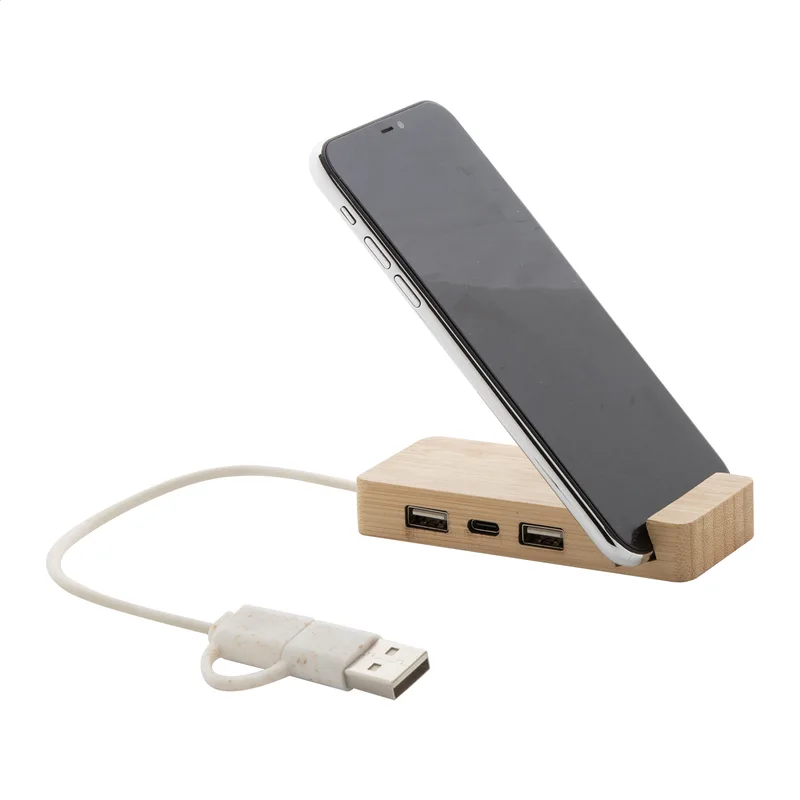 Λεπτομέρεια Επιφάνειας Μπαμπού Hub USB. Εκτύπωση Λογοτύπου σε Προϊόντα Προβολής | PERFECT advertising